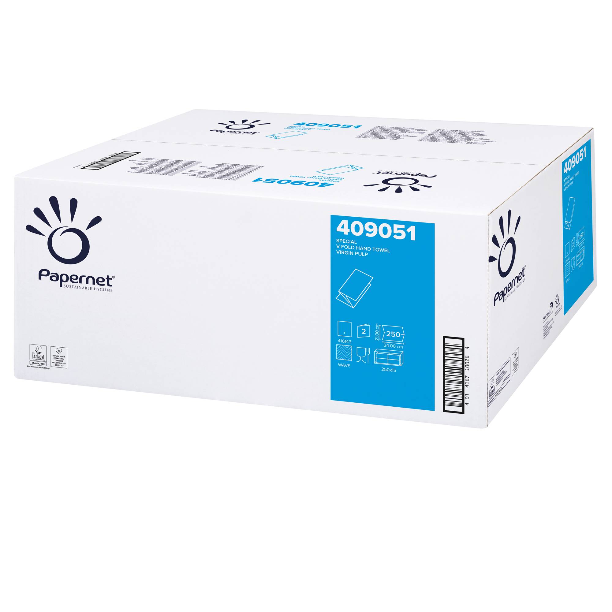 Asciugamani piegati a V Special - 2 veli - goffratura a onda - 20 gr - 24 x 21 cm - bianco - Papernet - conf. 250 pezzi-0