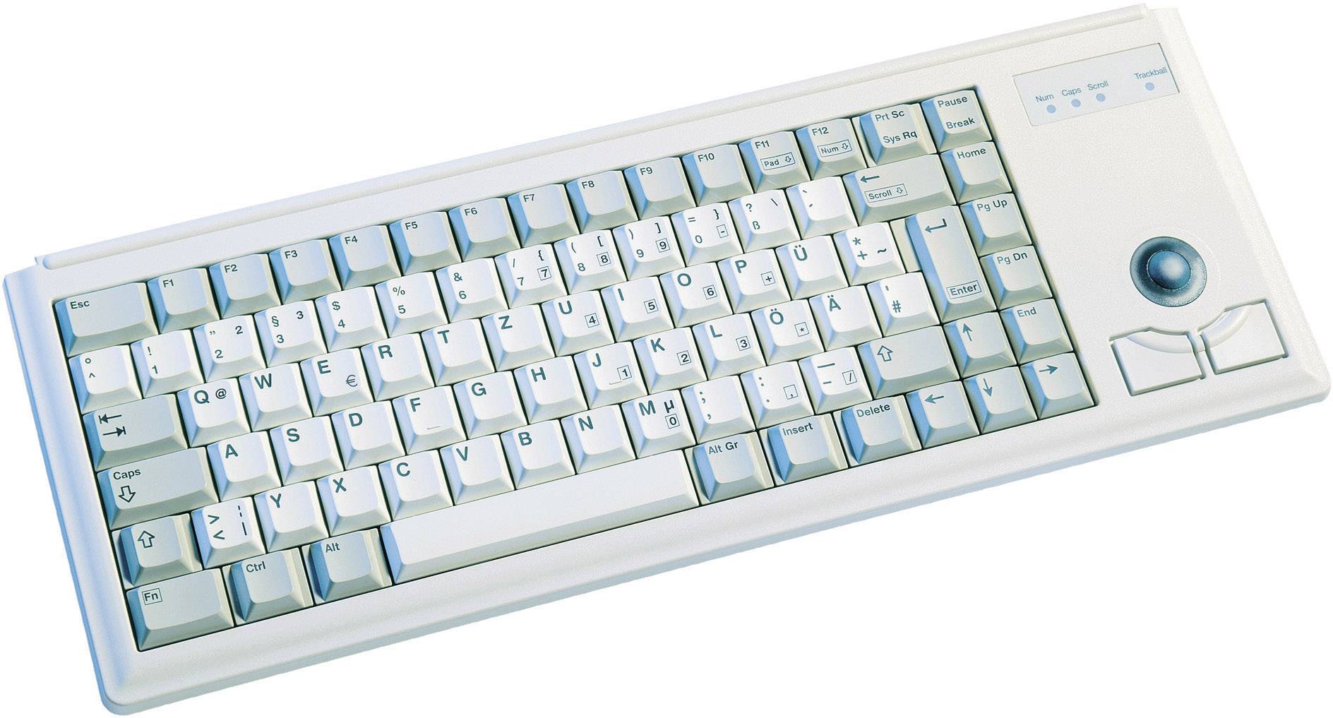 Tastiera bianca per computer con trackball blu integrato sul lato destro, per un utilizzo che ottimizza lo spazio.