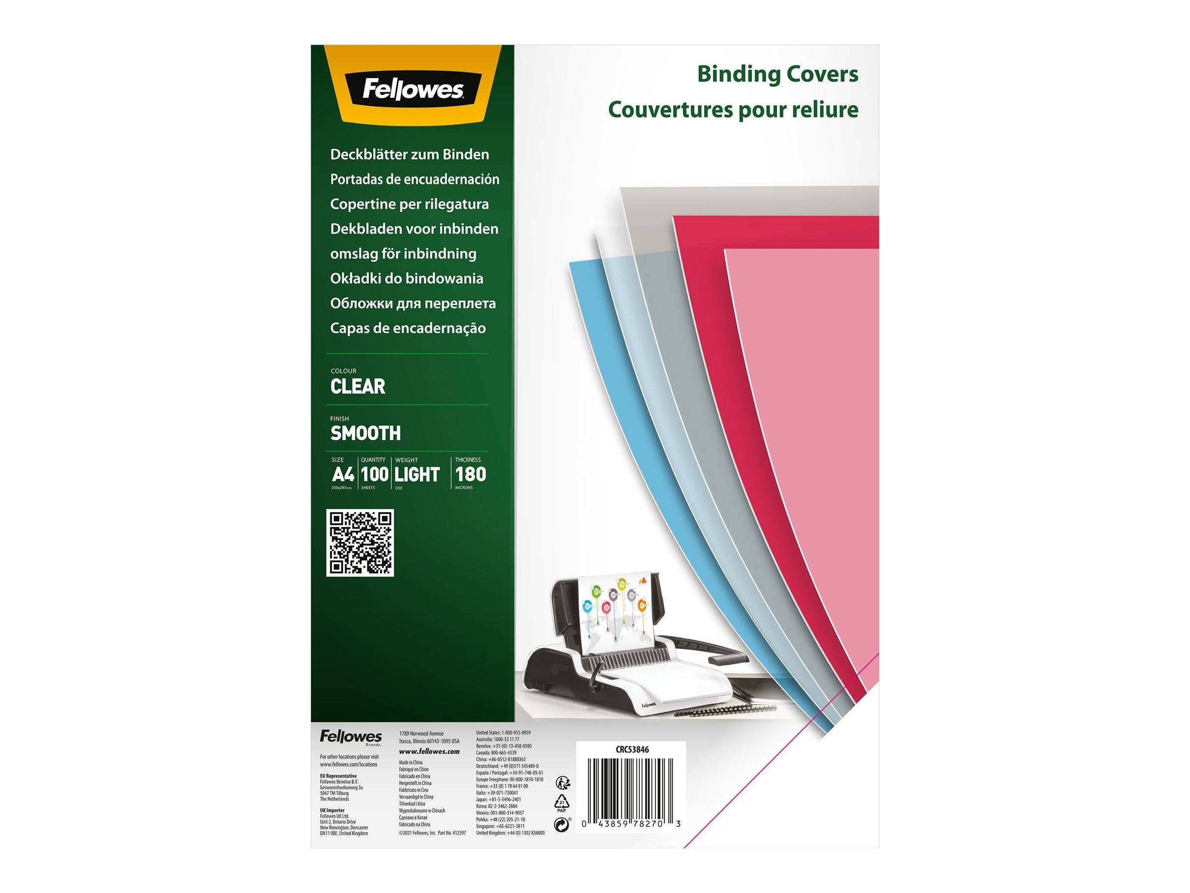 Fellowes Deckblatt, DIN A4, PET, transparent, 0,18 mm beinhaltet: 100 Blatt - 1 Stück (5384601)-0