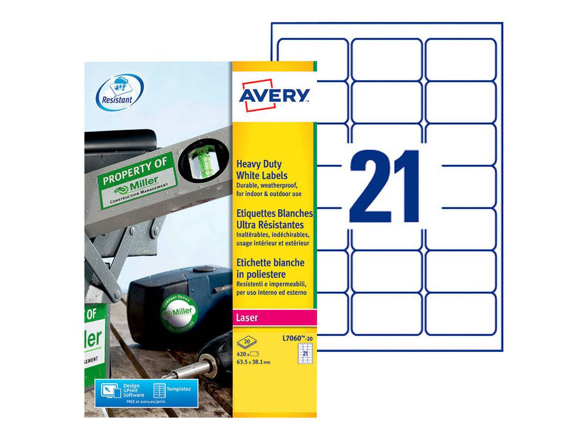 Avery L7060-20 Resistant Labels 20 sheets - 21 Labels per Sheet-0