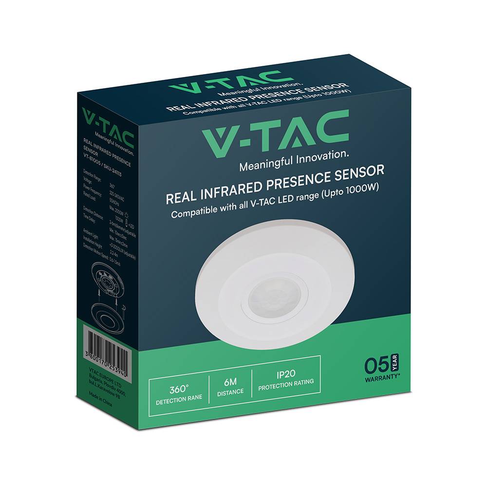 V-TAC Sensore di Movimento PIR Infrarossi 360° da Parete Bianco (Max 1000W) IP20-2