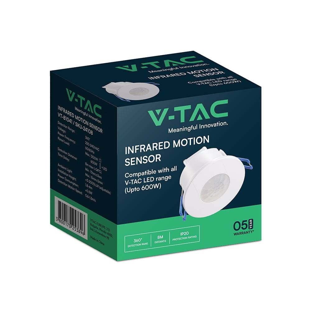 V-TAC Sensore Movimento PIR 360° 8m a Incasso Bianco 600W IP20-3