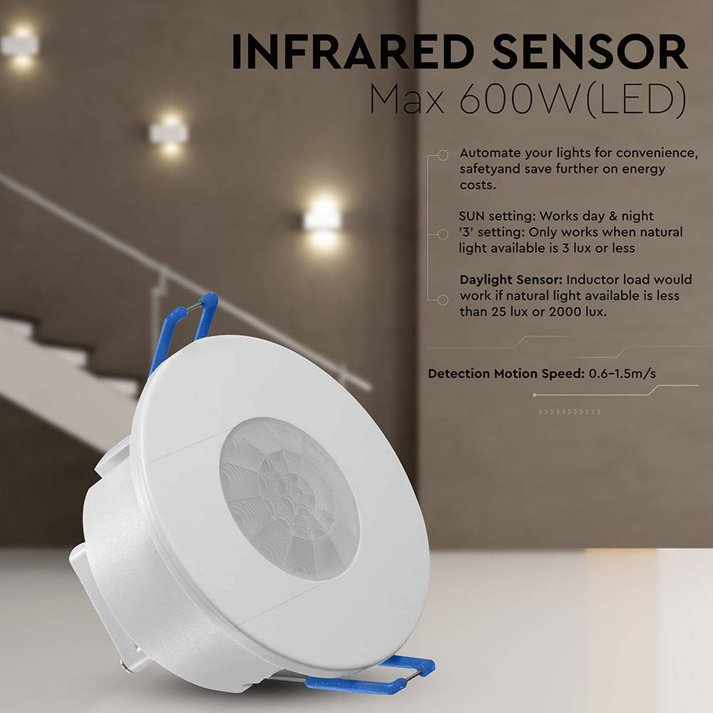 V-TAC Sensore Movimento PIR 360° 8m a Incasso Bianco 600W IP20-4