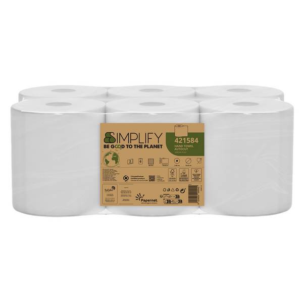 Asciugamani in rotolo Autocut Simplify - 19,6 cm x 130 m - diametro 18,5 cm - 19,5 gr - 2 veli - bianco - Papernet