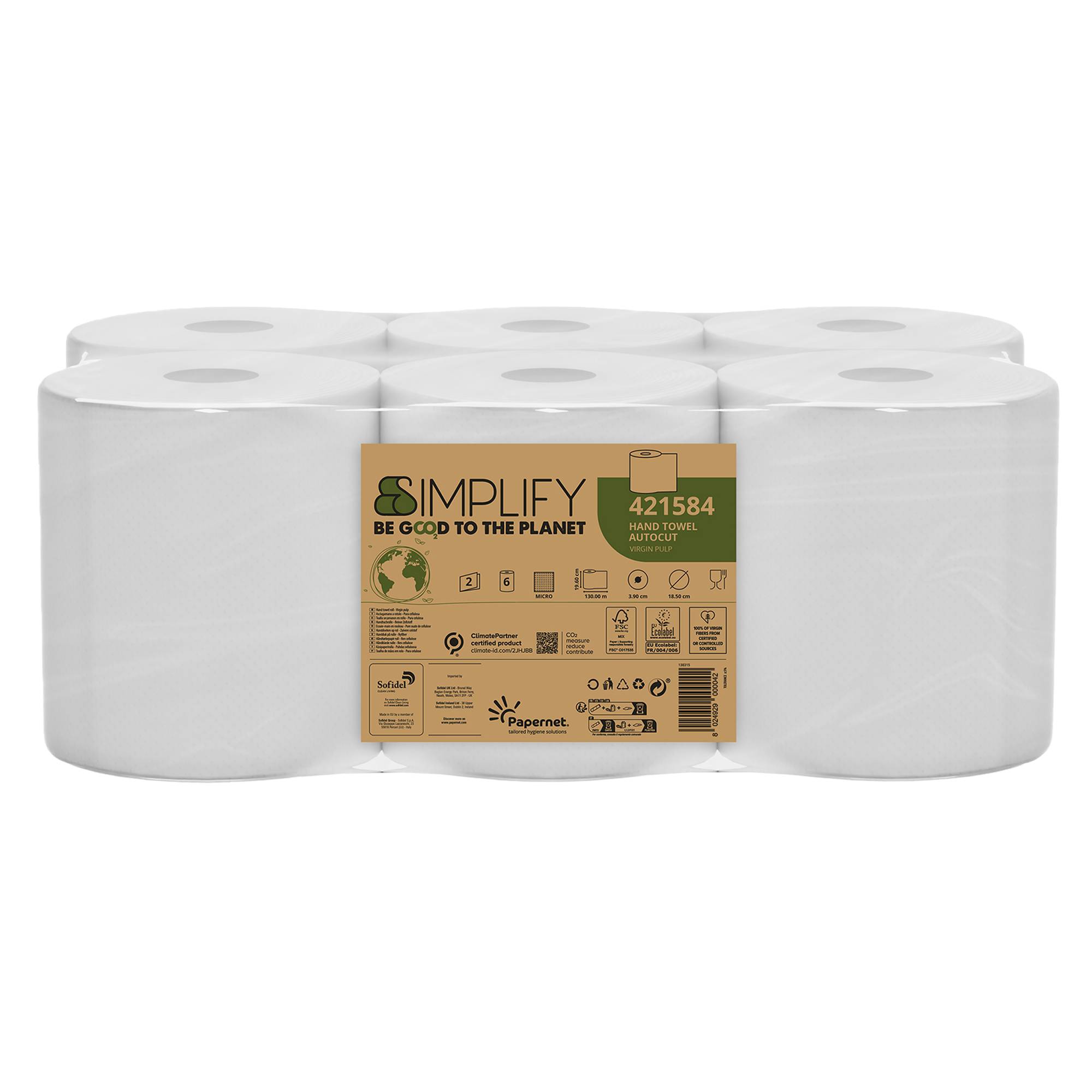Asciugamani in rotolo Autocut Simplify - 19,6 cm x 130 m - diametro 18,5 cm - 19,5 gr - 2 veli - bianco - Papernet-0