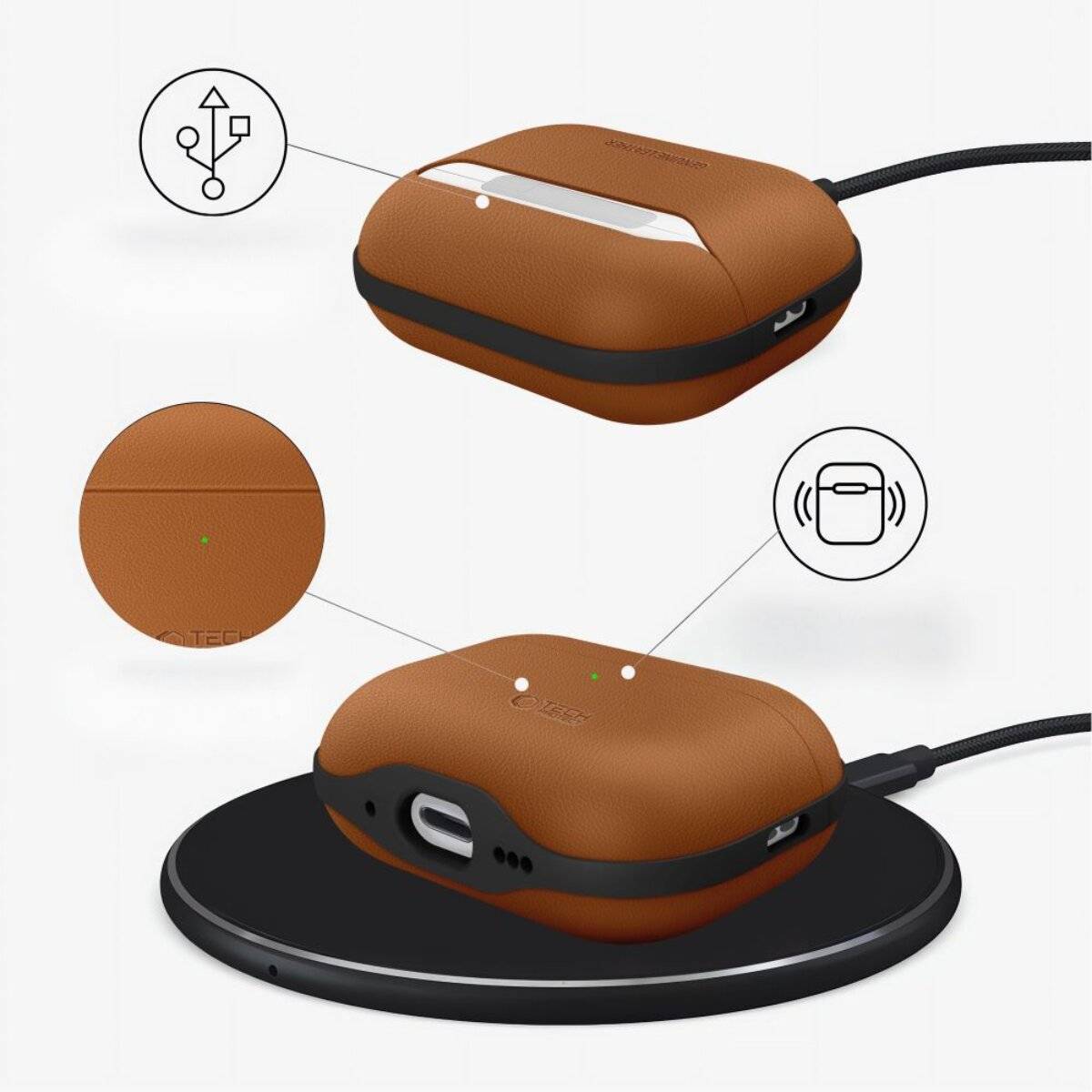 Custodia in pelle Tech-Protect NaturalFit per AirPods Pro 3 con tracolla, marrone-2