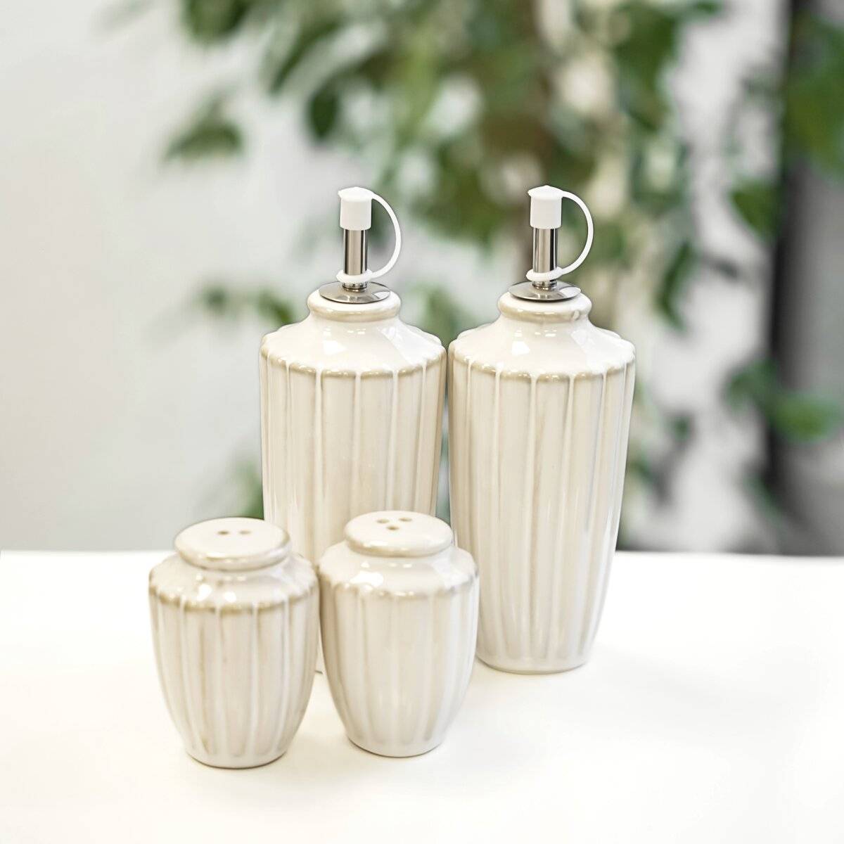 Set di bottiglie per aceto e olio Bloomy con saliera e pepiera in porcellana-3