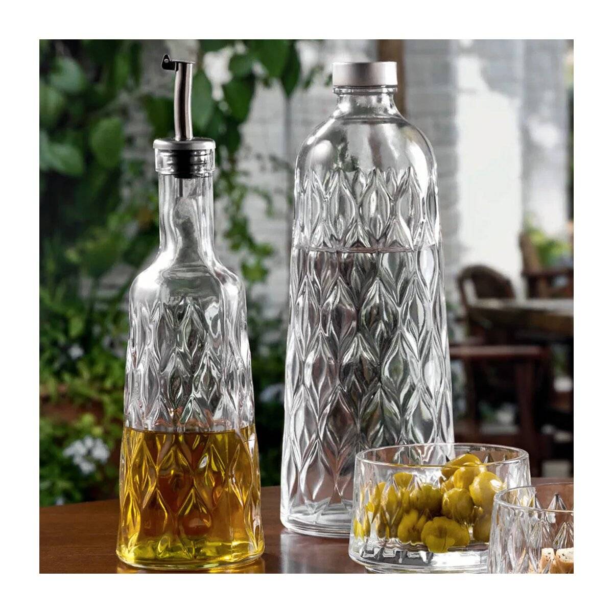 Pasabahce Leafy set da 2 pezzi di bottiglie di vetro per olio e aceto da 380 ml con beccuccio-2