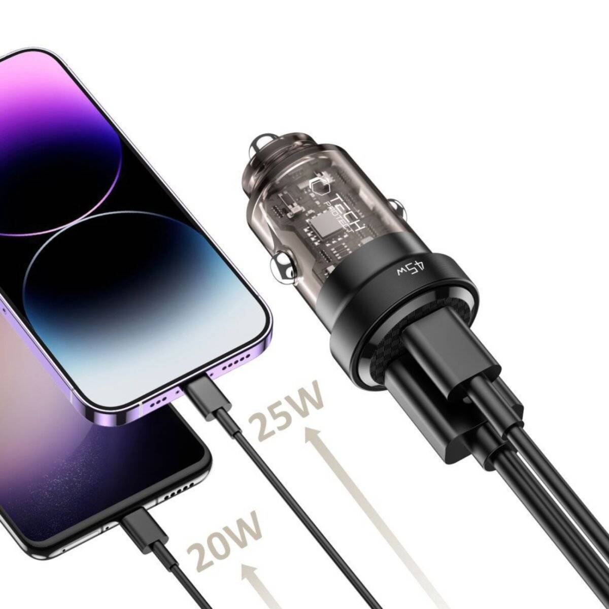 Caricabatterie da auto Tech-Protect CC45W USB-C PD 45 W / USB-A QC 3.0 – Nero-2