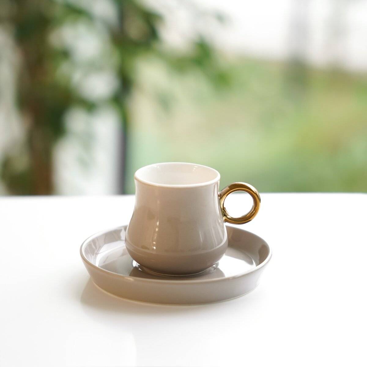 Set di 12 tazze da caffè in porcellana di alta qualità, 100 ml - Taupe/Oro-1