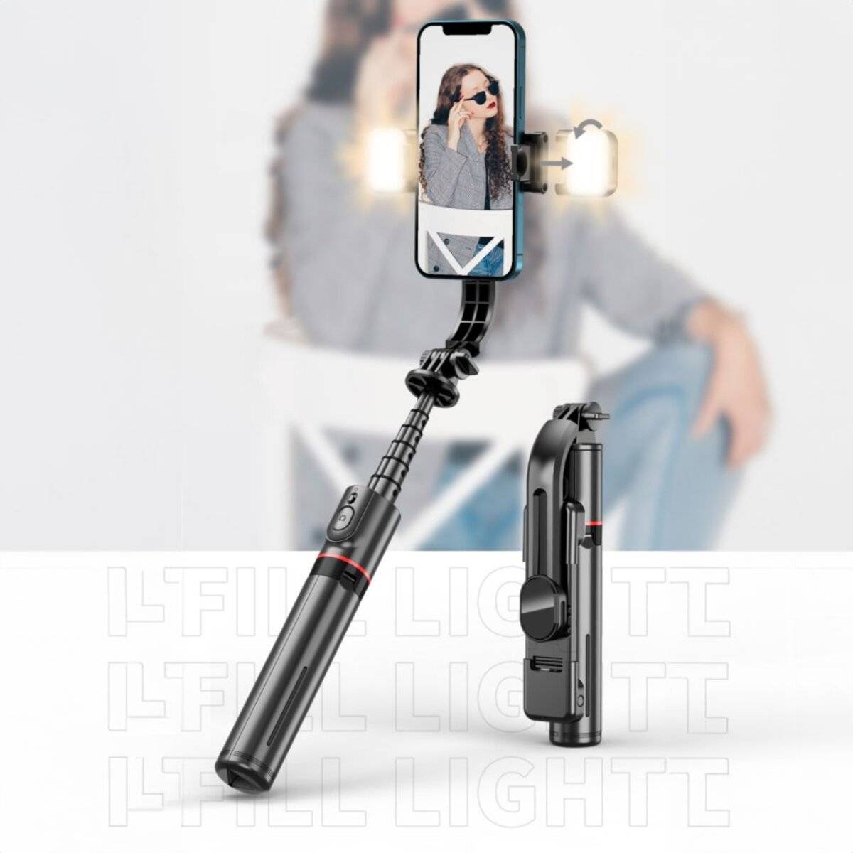 Tech-Protect L05S Selfie Stick Bluetooth con treppiede fino a 105 cm con luce LED – Nero-3