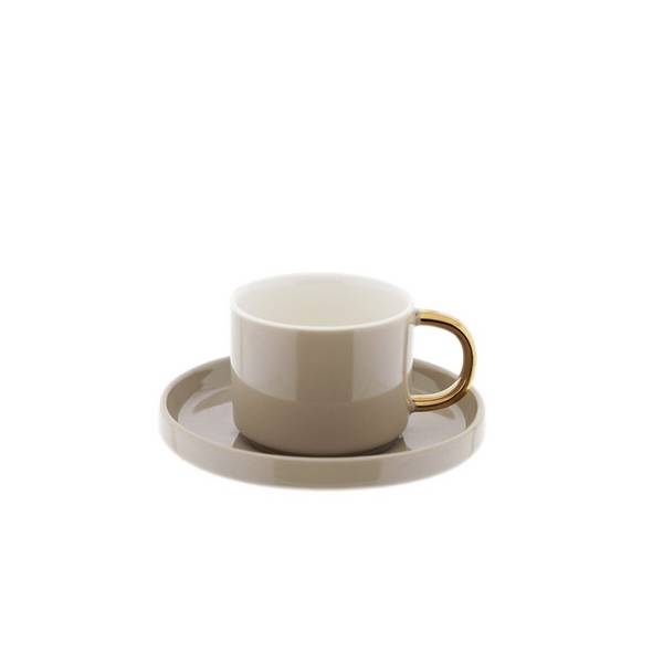 Set di 12 tazze da caffè in porcellana di alta qualità, 90 ml - Taupe/Oro