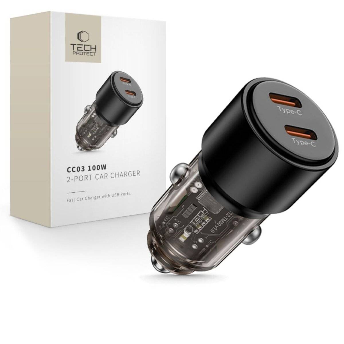 Caricabatterie per auto Tech-Protect CC03 a 2 porte PD100W – Nero-4