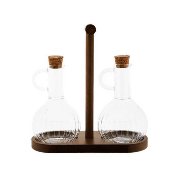 Elegante set di dispenser per olio e aceto con supporto in legno - 320 ml con design a rilievo