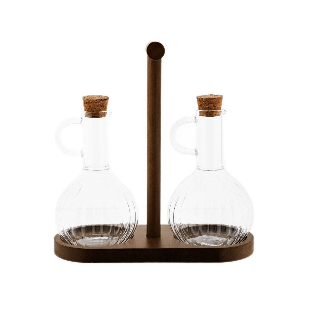 Elegante set di dispenser per olio e aceto con supporto in legno - 320 ml con design a rilievo-0