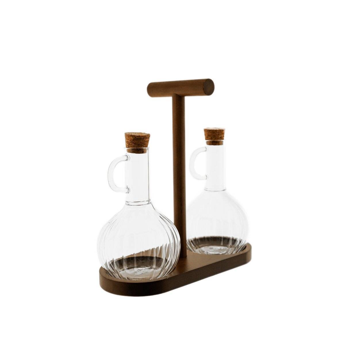 Elegante set di dispenser per olio e aceto con supporto in legno - 320 ml con design a rilievo-1