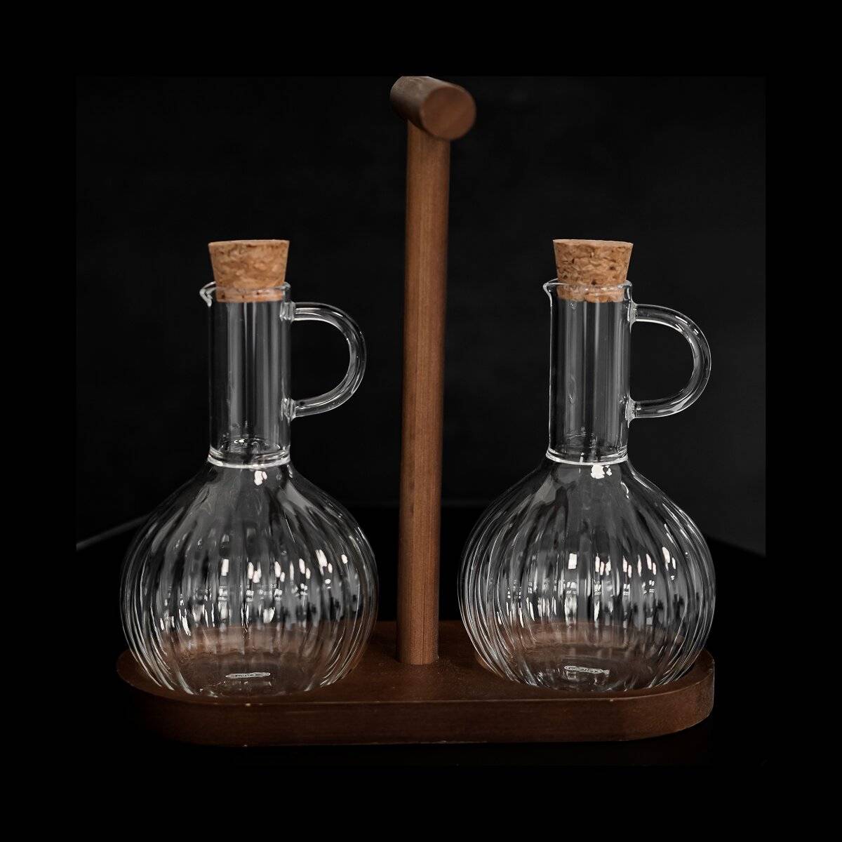 Elegante set di dispenser per olio e aceto con supporto in legno - 320 ml con design a rilievo-3