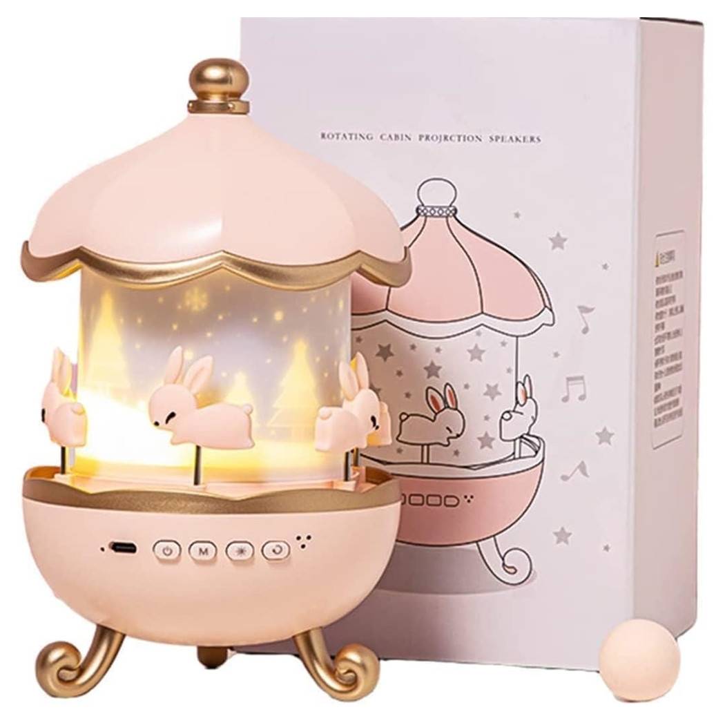 Luce Notturna Per Bambini Proiettore Cielo Forma Coniglio A Led Con Rotazione Altoparlante --0