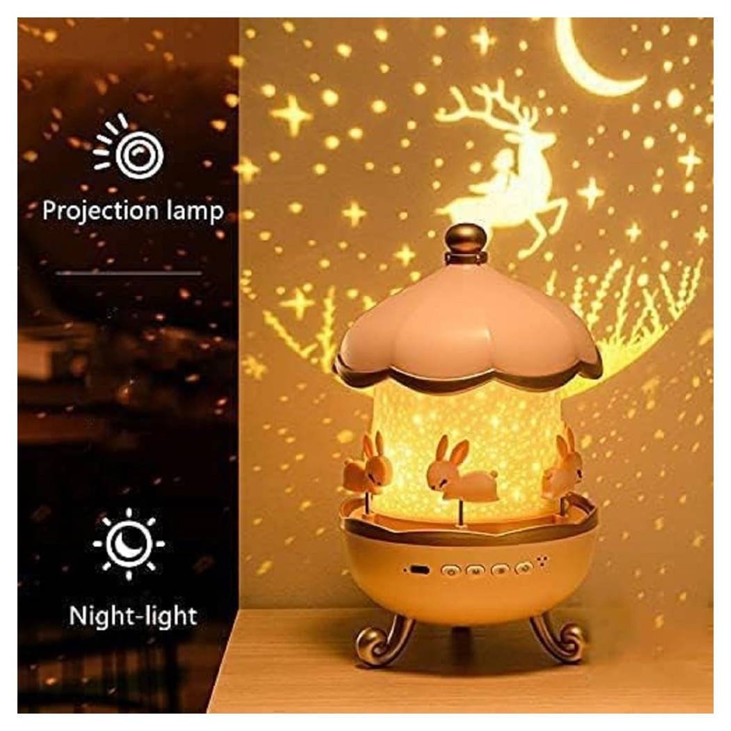 Luce Notturna Per Bambini Proiettore Cielo Forma Coniglio A Led Con Rotazione Altoparlante --3