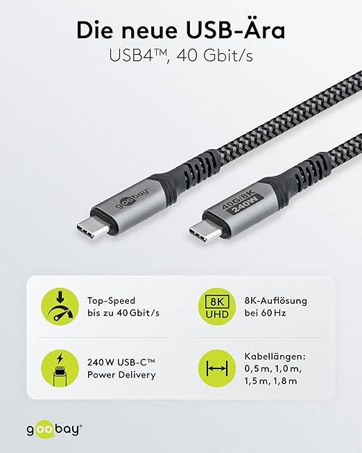 Cavo USB-C™ 4.0, USB4™, nero; argento 240 W, 5 A, 40 Gbit/s, Power Delivery, rivestimento in tessuto 0,5 Meter-4