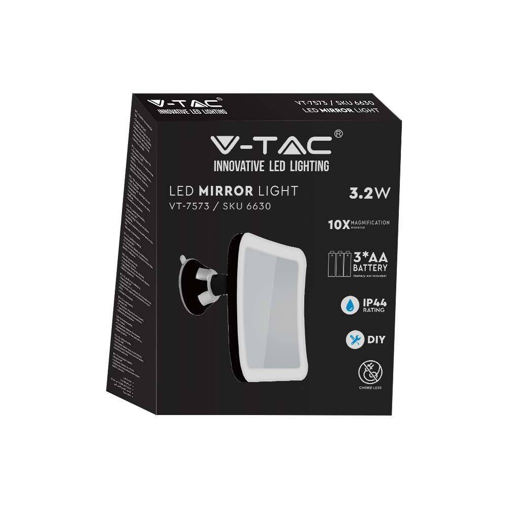 V-TAC Specchio LED Quadrato 3.2W Portatile con Ventosa e Ingranditore 10x 6400K IP44-4