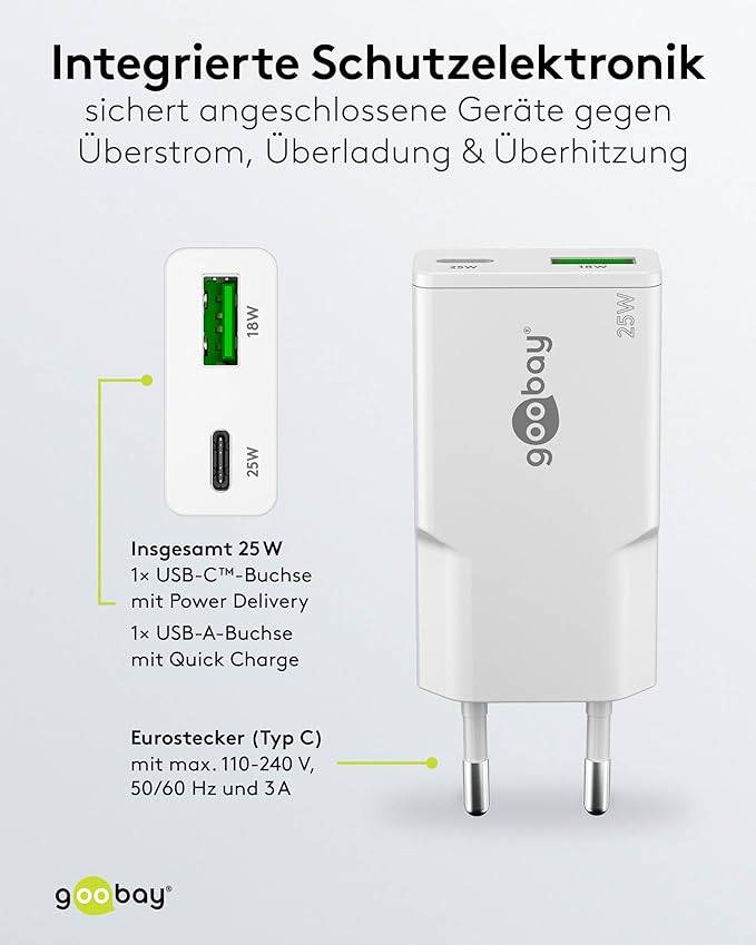 Goobay Caricatore rapido doppio USB-C™ PD GaN Slim (25 W) bianco bianco 1x porta USB-C™ (Power Delivery) e 1x porta USB--5