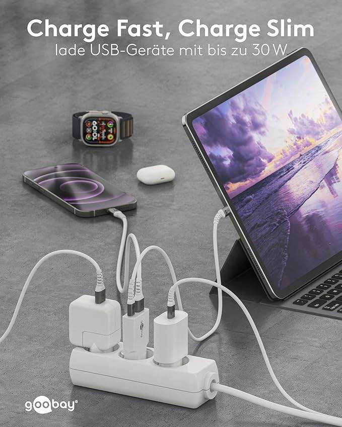 Caricabatterie rapido USB-C sottile, 1x USB-C Power Delivery, 1x USB-A Quick Charge, GaN, 30 watt Weiß-3