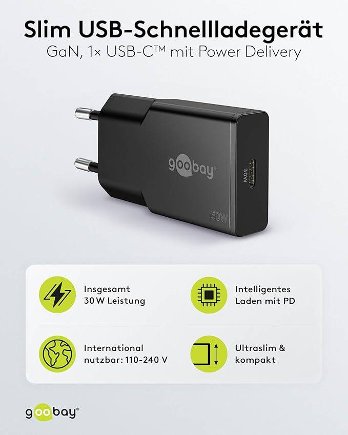 Goobay USB-C PD GaN Schnellladegerät Slim 30 W schwarz - 1x -Anschluss Power (75735)-1