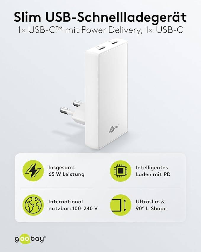 Goobay - Caricabatterie doppio rapido PD-GaN da 65 W, USB-C, 90, piatto, bianco-1