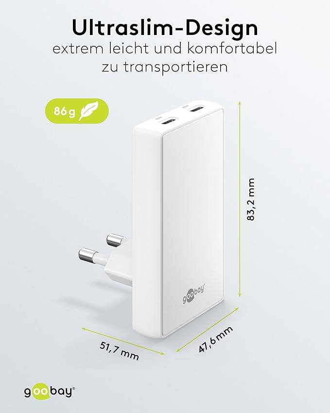 Goobay - Caricabatterie doppio rapido PD-GaN da 65 W, USB-C, 90, piatto, bianco-4