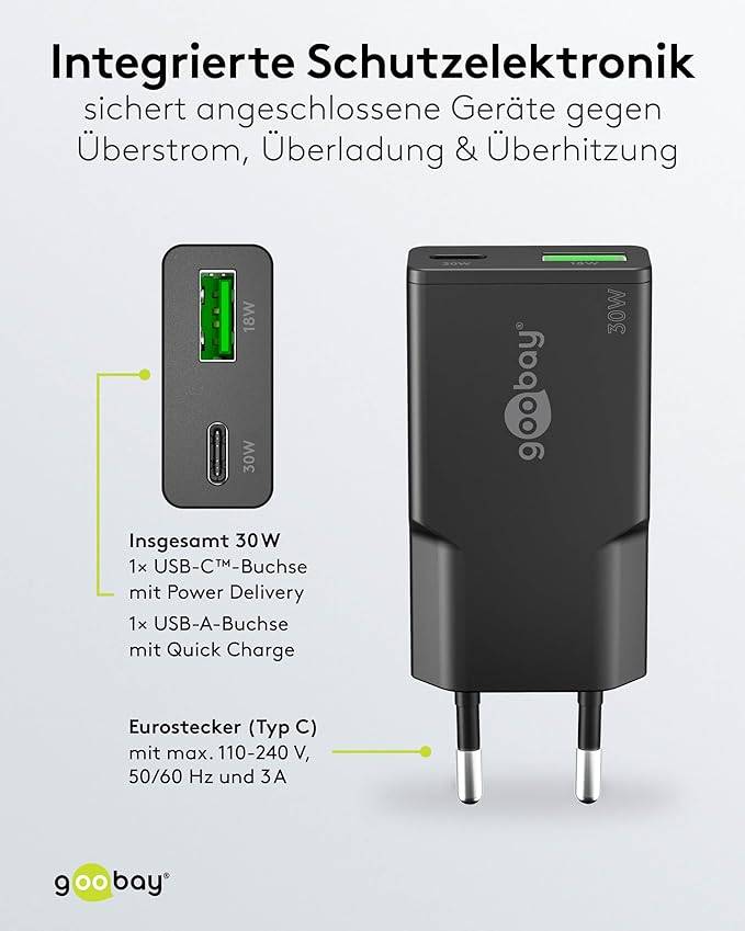Caricabatterie rapido USB-C sottile, 1x USB-C Power Delivery, 1x USB-A Quick Charge, GaN, 30 watt schwarz-6