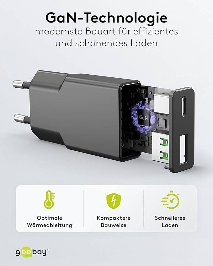 Caricabatterie rapido USB-C sottile, 1x USB-C Power Delivery, 1x USB-A Quick Charge, GaN, 30 watt schwarz-4