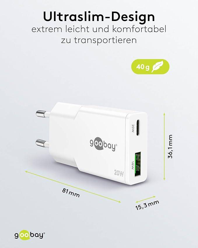Goobay Caricatore rapido doppio USB-C™ PD GaN Slim (20 W) bianco bianco 1x porta USB-C™ (Power Delivery) e 1x porta USB--2