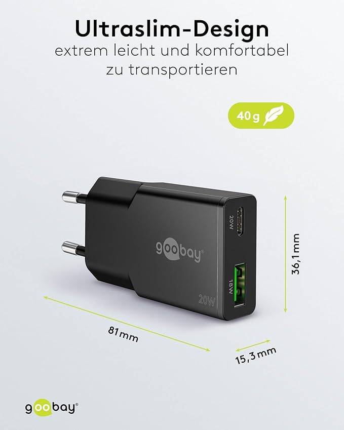 Goobay Caricatore rapido doppio USB-C™ PD GaN Slim (20 W) nero nero 1x porta USB-C™ (Power Delivery) e 1x porta USB-A (Q-3