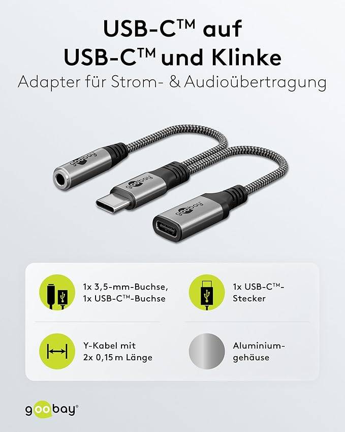 Goobay Adattatore USB-C™ a USB-C™ e jack, 3,5 mm AUX Connettore USB-C™ > 1x USB-C™-presa e 1x Presa jack 3,5 mm (3 pin,-1