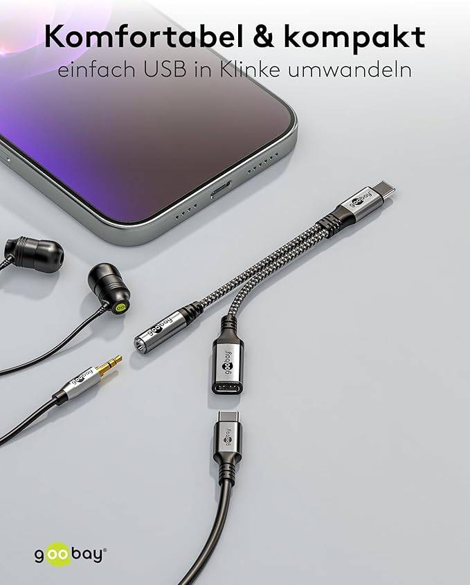 Goobay Adattatore USB-C™ a USB-C™ e jack, 3,5 mm AUX Connettore USB-C™ > 1x USB-C™-presa e 1x Presa jack 3,5 mm (3 pin,-4