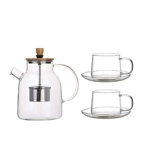 Set teiera in vetro Nisa da 1600 ml con coperchio in bambù, incluse tazze e piattini