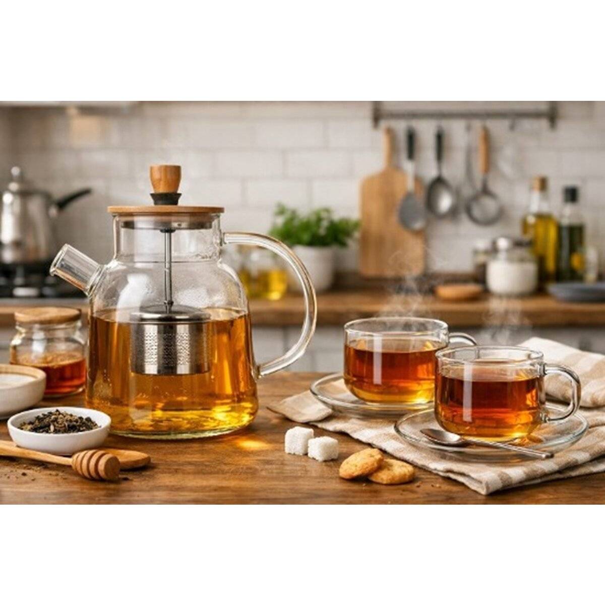 Set teiera in vetro Nisa da 1600 ml con coperchio in bambù, incluse tazze e piattini-1