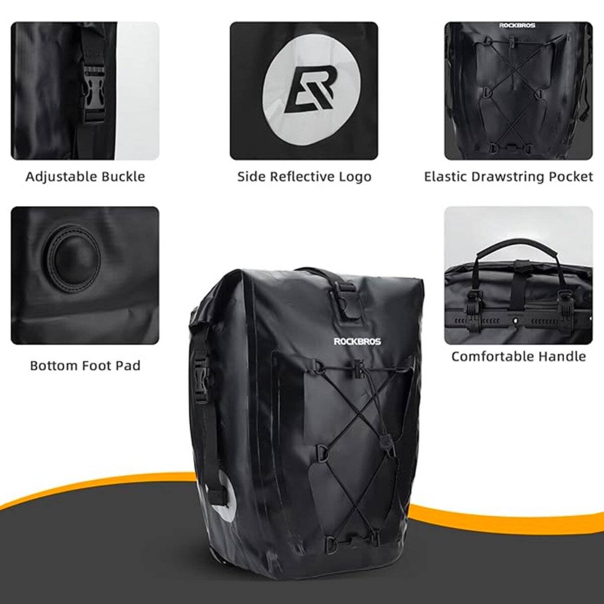 Borsa portabici impermeabile Rockbros con spazio di archiviazione variabile, nera-4
