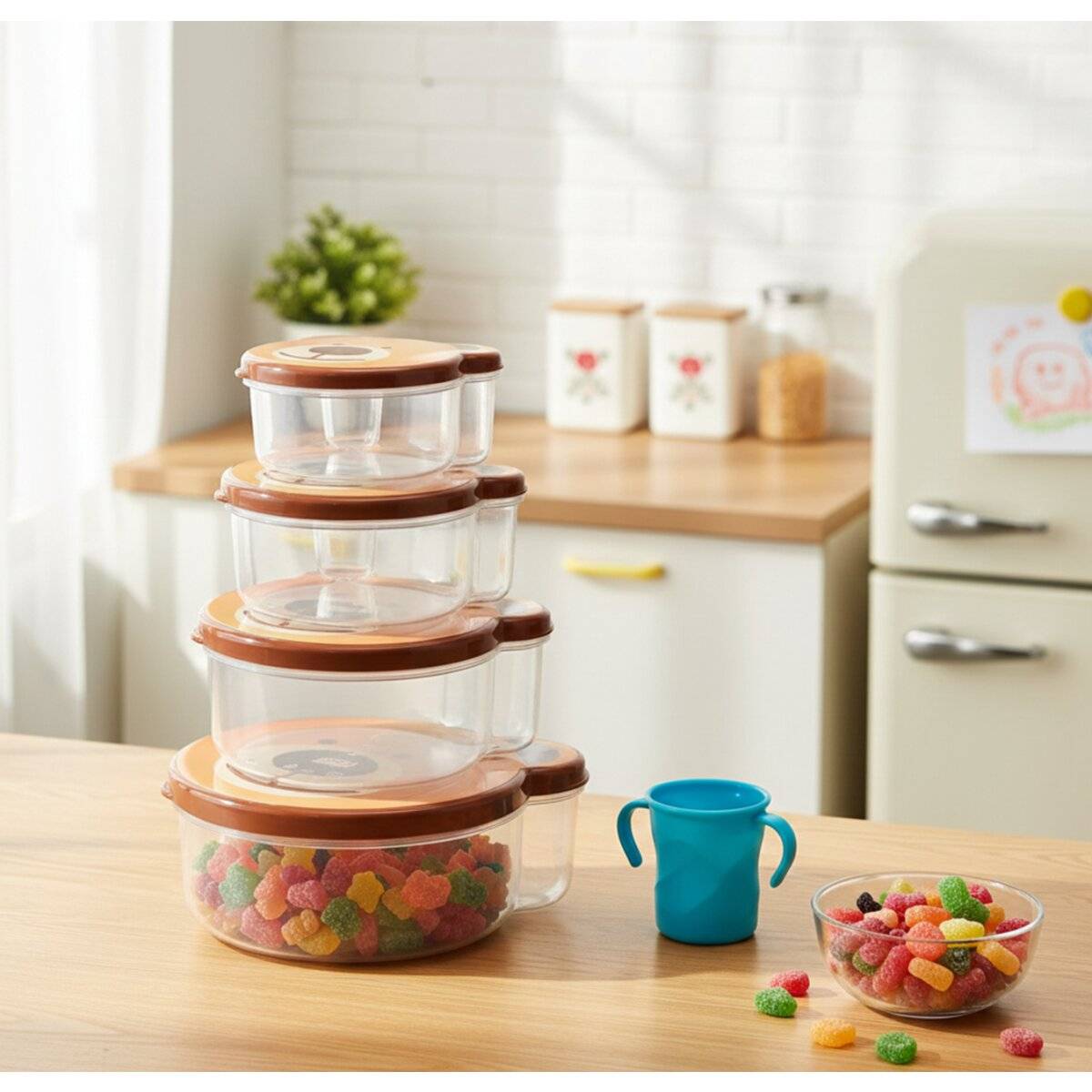 Contenitori portaoggetti per bambini - set da 4 con motivi animali, senza BPA e impilabili, orso-1