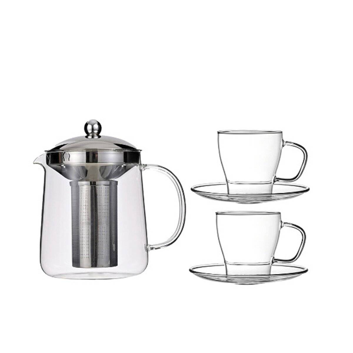 Set teiera in vetro Nisa 1200 ml - 2 bicchieri con piattini in vetro borosilicato-0