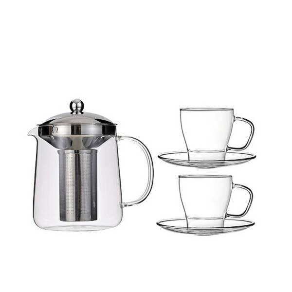 Set teiera in vetro Nisa 1200 ml - 2 bicchieri con piattini in vetro borosilicato
