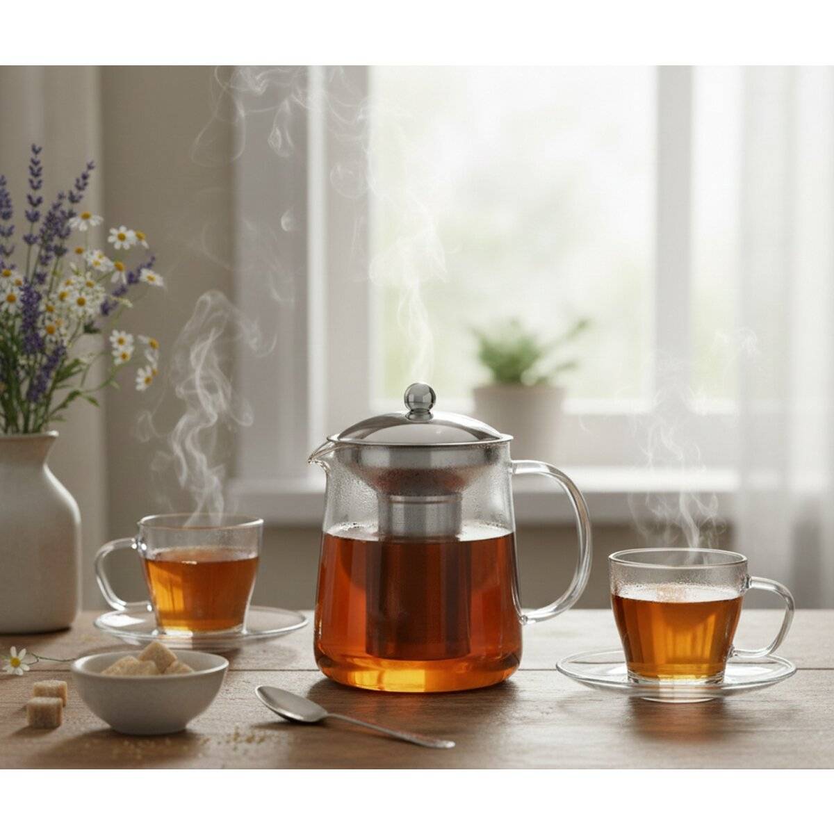 Set teiera in vetro Nisa 1200 ml - 2 bicchieri con piattini in vetro borosilicato-1
