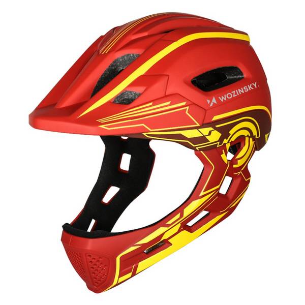 Casco integrale per bambini Wozinsky con luce posteriore USB, taglia S (52-56 cm), rosso/giallo