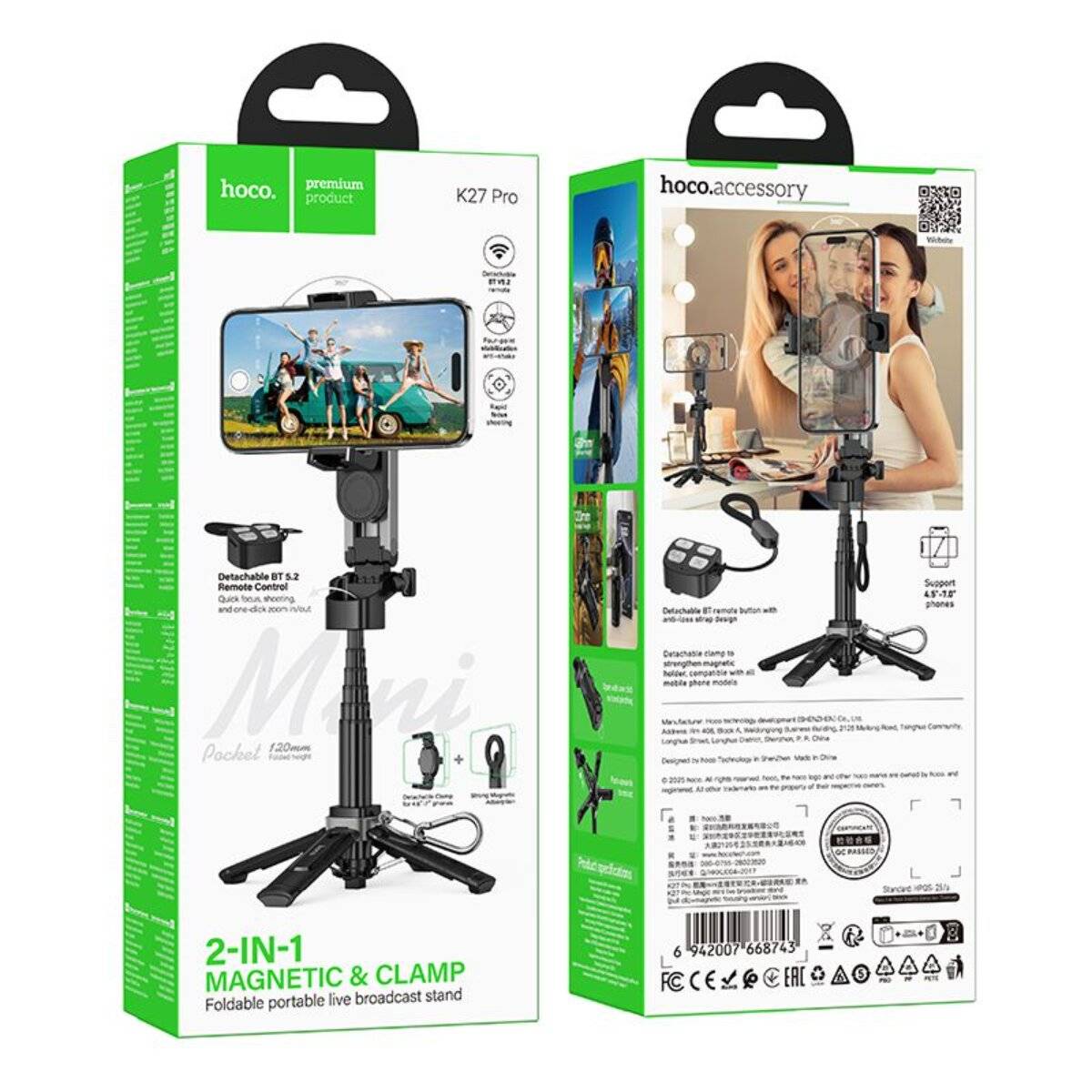 Hoco K27 PRO Treppiede per cellulare Live Stand magnetico universale con telecomando Bluetooth nero-4