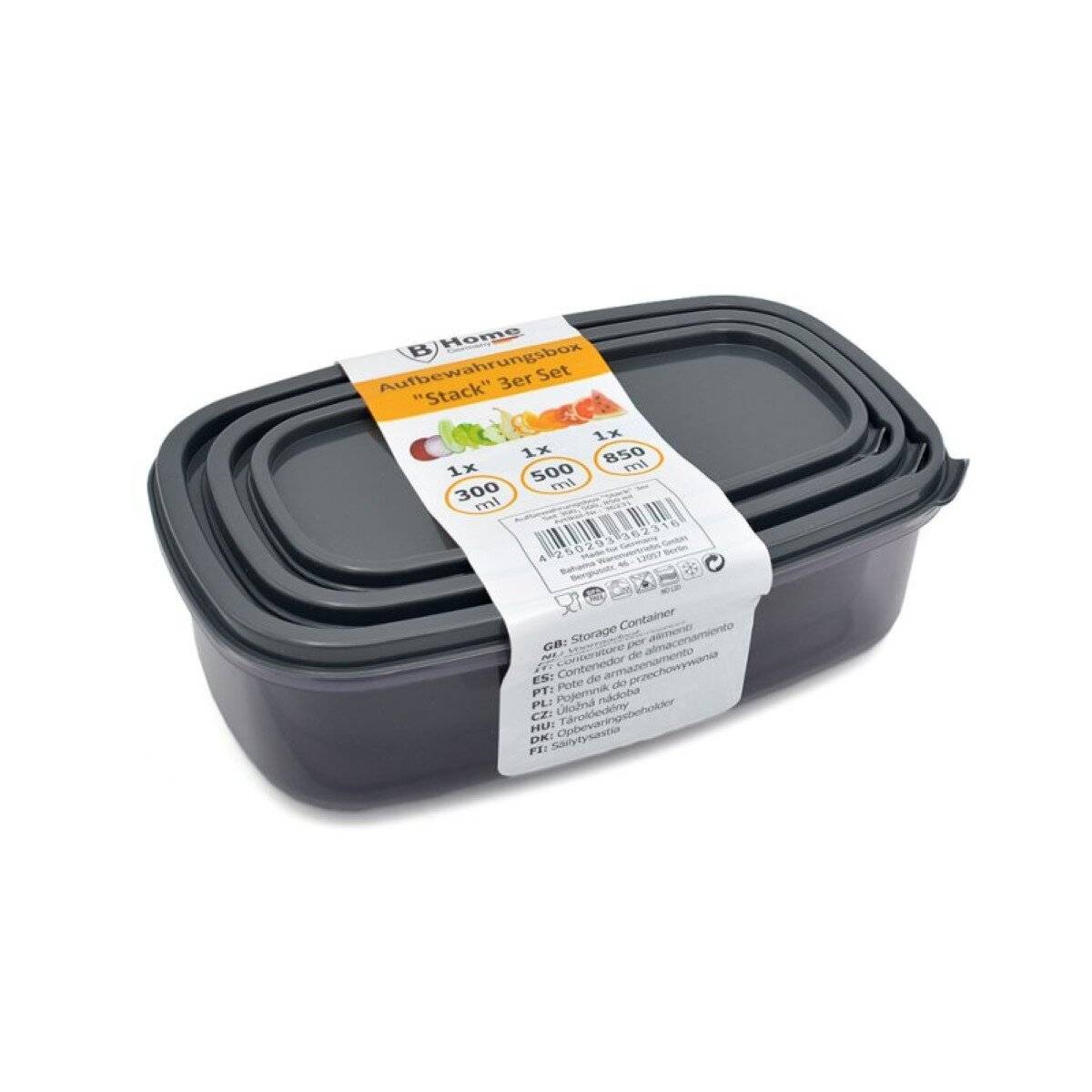 Set di 3 contenitori portaoggetti, 300 / 500 / 850 ml, con coperchio - Antracite-1