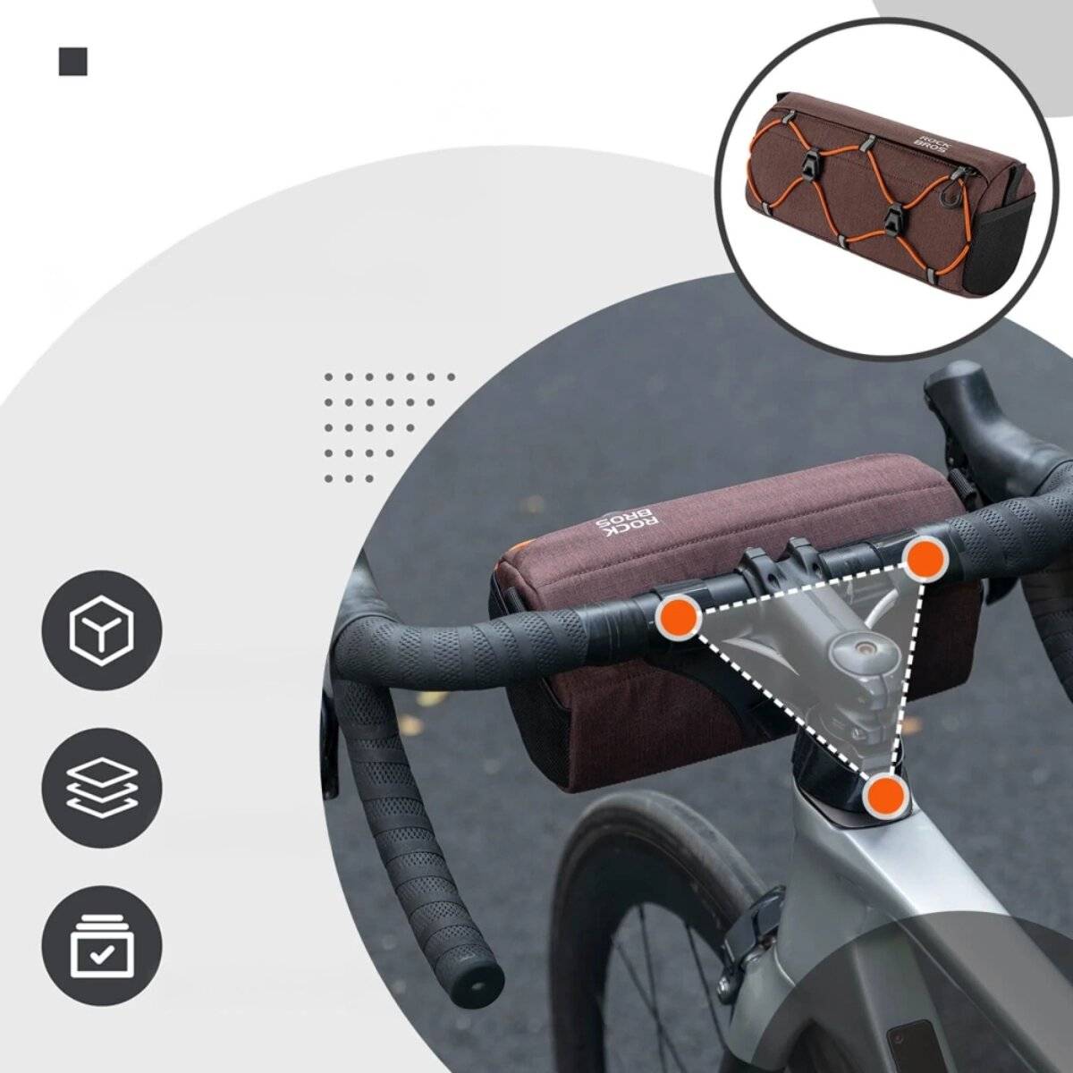 Borsa da manubrio Rockbros per bicicletta, 2,2 l, con tracolla e catarifrangenti, marrone-3
