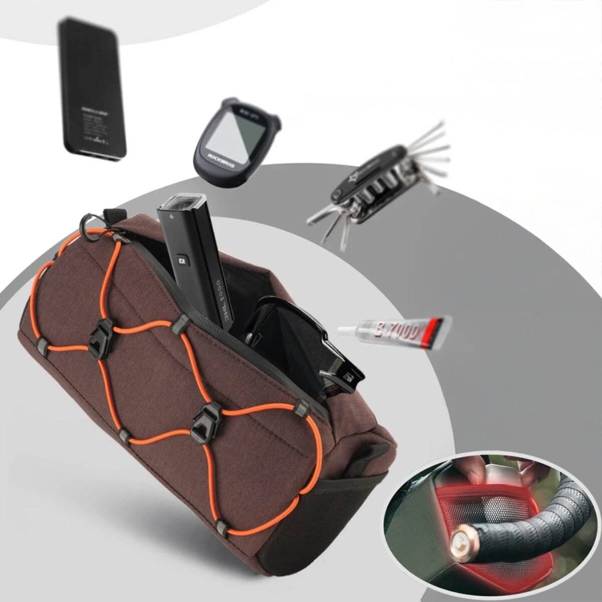 Borsa da manubrio Rockbros per bicicletta, 2,2 l, con tracolla e catarifrangenti, marrone-4