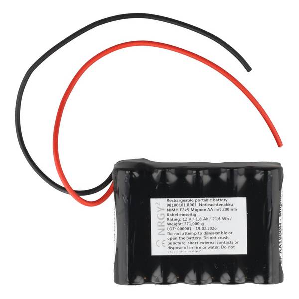 Batteria per illuminazione di emergenza NiMH 12V 1800mAh F2x5 Mignon AA con cavo da 200mm, a terminazione singola
