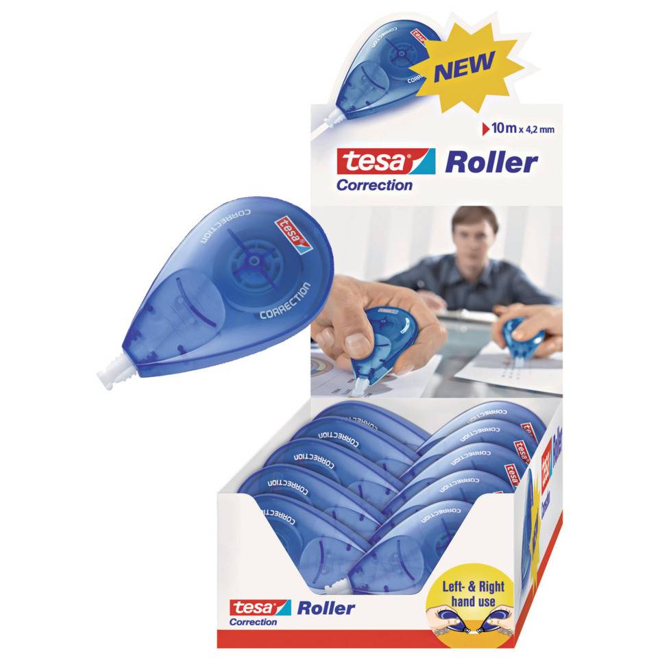 tesa Einweg Korrekturroller Sideway Roller, Theken-Display 4,2 m x 10 m, zentrierte Bandhührung, flexible Spitze (59812--1